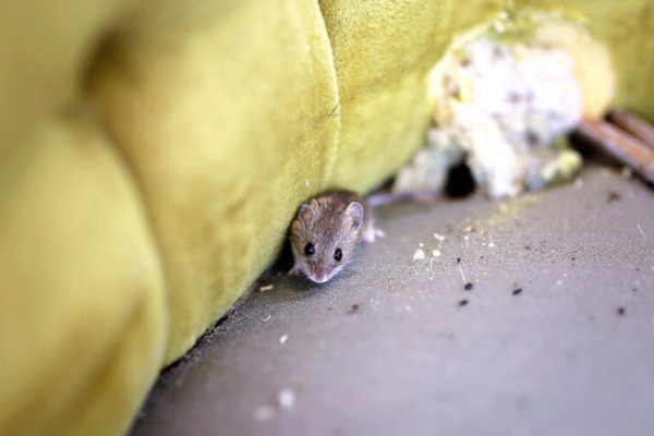 A mouse hiding in a corner of a couch in a Chicago residence
